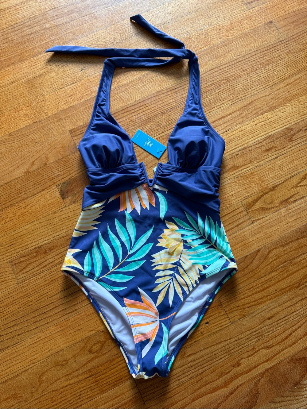 Cupshe Navy Tropical Floral Ruffle V-Neck One Piece Swimsuit NWT Medium